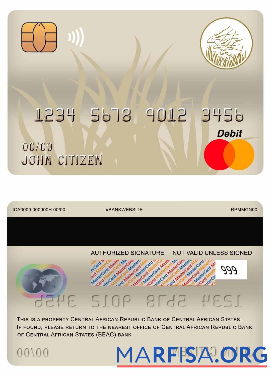 Downloadable Central African Republic Bank of Central African States (BEAC) bank master debit card real example